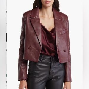 Avec Les Filles Women's Burgundy Leather Cropped Blazer Jacket